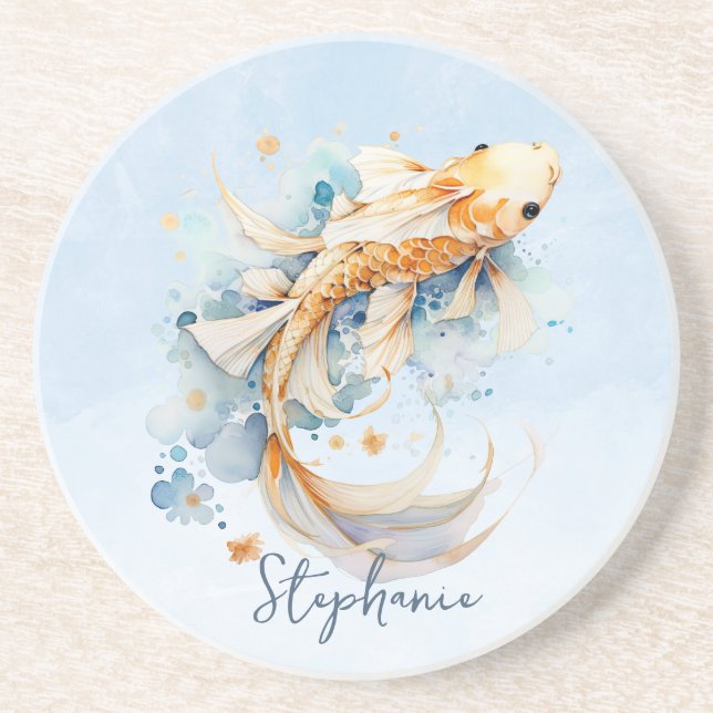 Blue Watercolor Gold Koi Fish Personalised Coaster (Front)