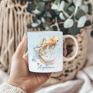 Blue Watercolor Gold Koi Fish Personalised Coffee Mug