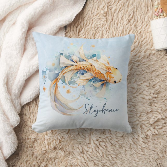 Blue Watercolor Gold Koi Fish Personalised Cushion (Blanket)