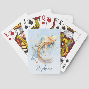 Blue Watercolor Gold Koi Fish Personalised Playing Cards
