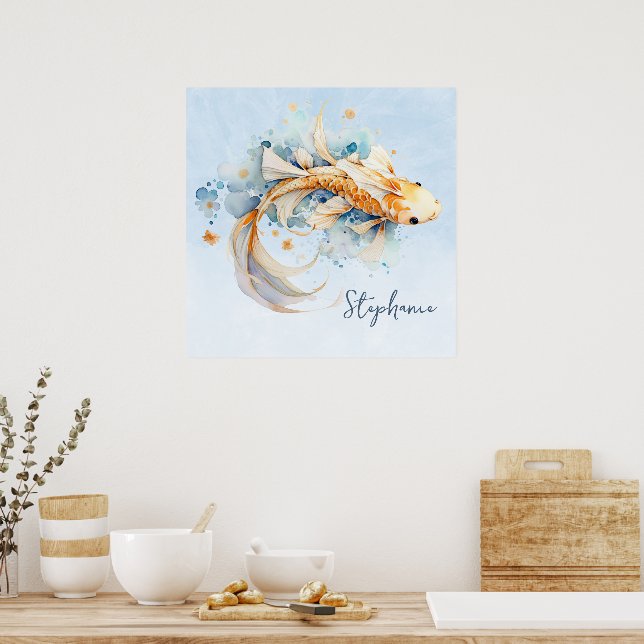 Blue Watercolor Gold Koi Fish Personalised Poster (Kitchen)