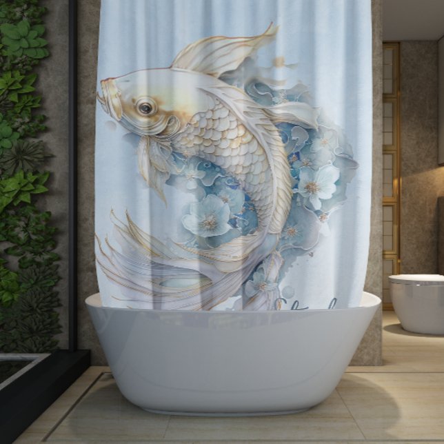 Blue Watercolor Gold Koi Fish Personalised Shower Curtain (Blue Watercolor Gold Koi Fish Personalized Shower Curtain)