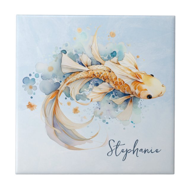 Blue Watercolor Gold Koi Fish Personalised Tile (Front)