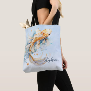 Blue Watercolor Gold Koi Fish Personalised Tote Bag