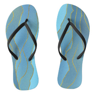 Blue Watercolor Gold Line Abstract Painting Flip F Flip Flops