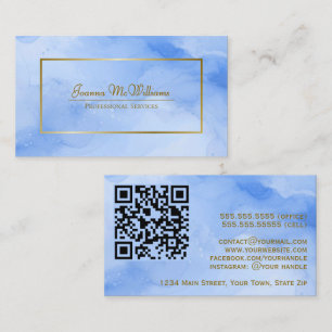 Blue Watercolor & Gold Professional QR Code Business Card
