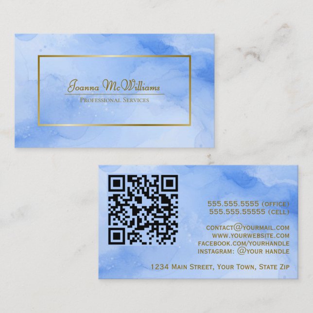 Blue Watercolor & Gold Professional QR Code Business Card (Front/Back)