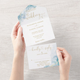 Blue Watercolor Gold Script Hearts Wedding All In One Invitation