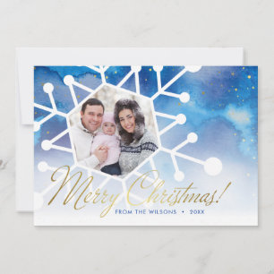 Blue Watercolor Gold Script Merry Christmas Photo Holiday Card