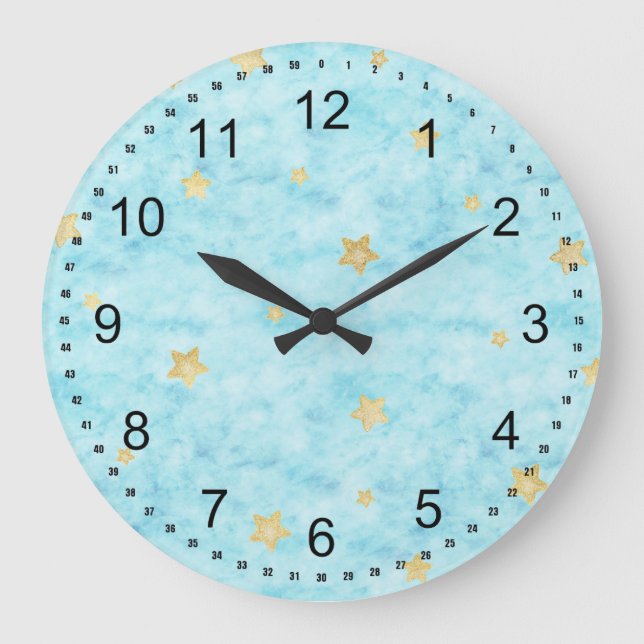 Blue Watercolor Gold Stars Large Clock (Front)