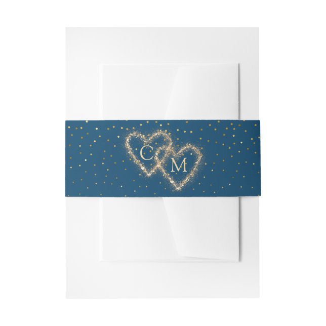 Blue Watercolor Golden Hearts Monogram Wedding Invitation Belly Band (Front Example)