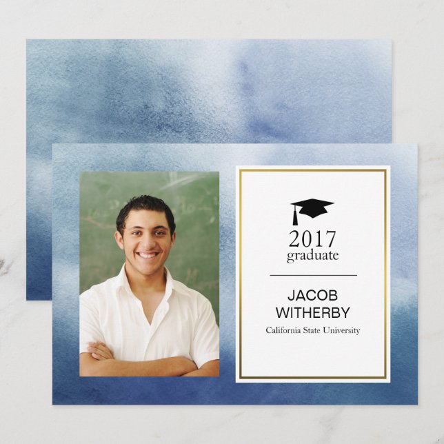 Blue Watercolor Graduate Photo Card (Front/Back)