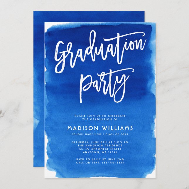 Blue Watercolor Graduation Party Invitation (Front/Back)