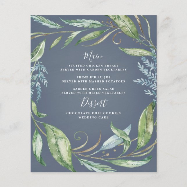 Blue Watercolor Greenery Wreath Wedding Menu Cards (Front)