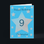 Blue Watercolor Grey Stars 9th Birthday Card<br><div class="desc">Grey watercolor stars happy 9th birthday card for son, grandson, godson and more. The front features watercolor grey stars and a place for you to personalise with the birthday recipient's name. The inside card message can be easily personalised and the back with the year. This would make a great personalised...</div>
