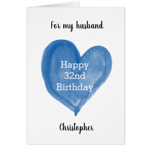 Blue Watercolor Heart 32nd Birthday (Front)