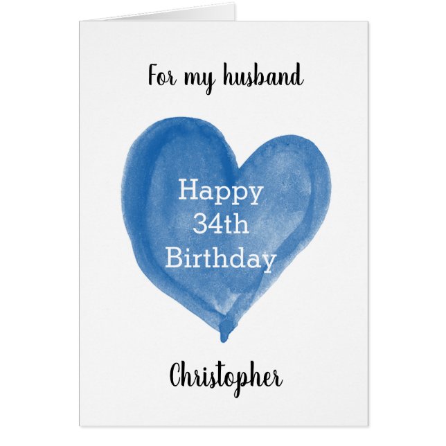 Blue Watercolor Heart 34th Birthday (Front)