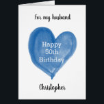 Blue Watercolor Heart 50th Birthday<br><div class="desc">A heart personalised 50th birthday card for him, which features a watercolor blue heart that says "Happy 50th Birthday". The inside card message reads a birthday message, which can be easily edited. The back of this personalised 50th birthday card for him features the same heart along with the year, which...</div>