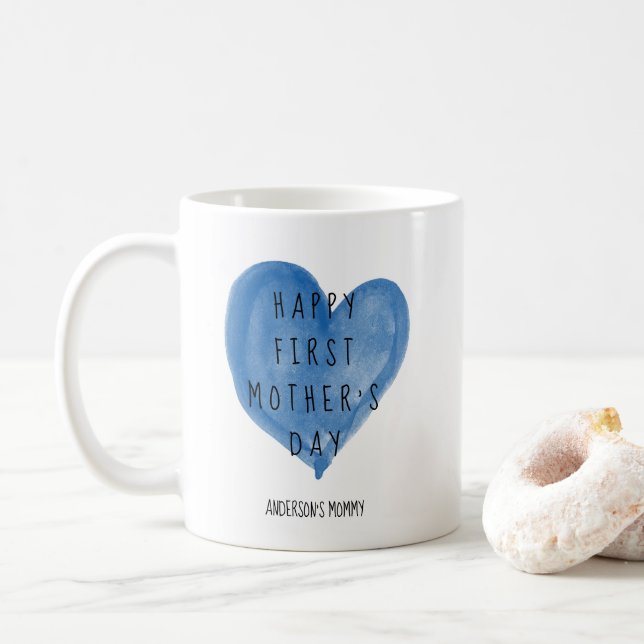 Blue Watercolor Heart First Mother's Day Coffee Mug (With Donut)