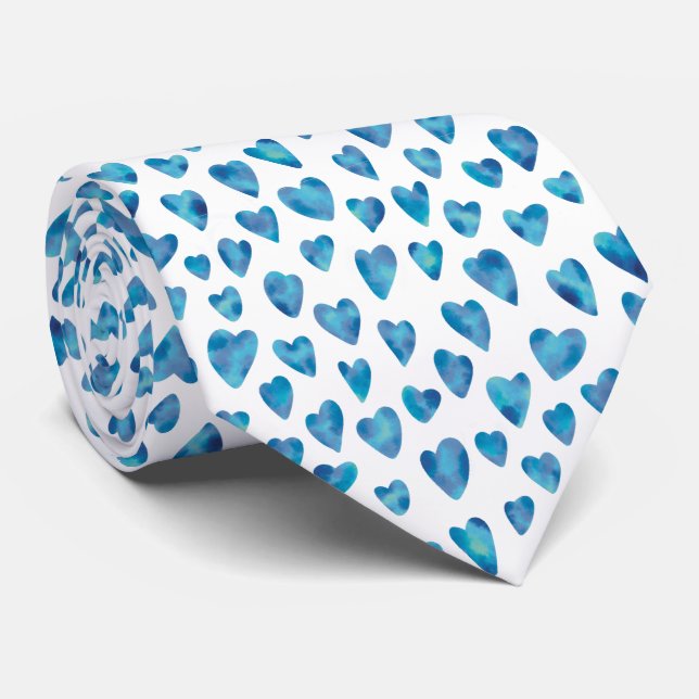 Blue Watercolor Heart Pattern Tie (Rolled)