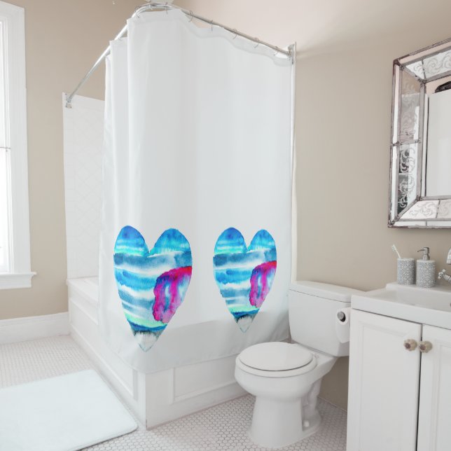 Blue watercolor heart shower curtain (In Situ)