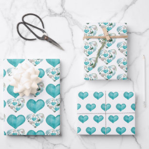 Blue Watercolor Hearts And Leaves Wrapping Paper Sheet