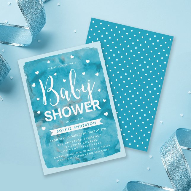 Blue Watercolor Hearts Baby Shower Invitation (Creator Uploaded)