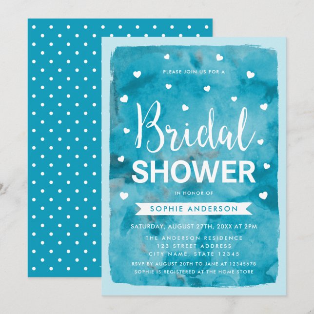 Blue Watercolor Hearts Bridal Shower Invitation (Front/Back)