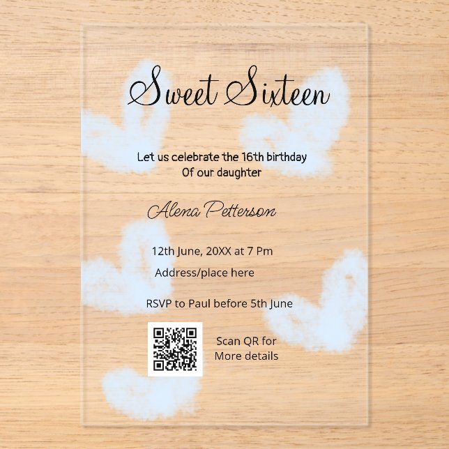 Blue watercolor hearts QR  Sweet sixteen birthday  Acrylic Invitations (Front)
