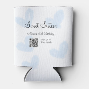 Blue watercolor hearts QR Sweet sixteen birthday Can Cooler