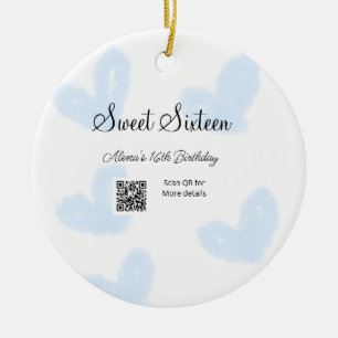 Blue watercolor hearts QR  Sweet sixteen birthday  Ceramic Tree Decoration