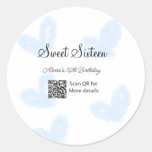 Blue watercolor hearts QR  Sweet sixteen birthday  Classic Round Sticker