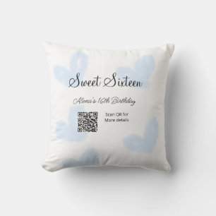 Blue watercolor hearts QR  Sweet sixteen birthday  Cushion