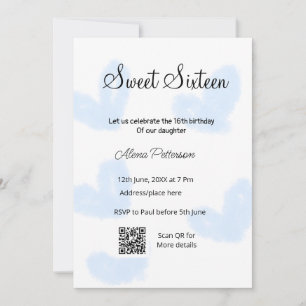 Blue watercolor hearts QR  Sweet sixteen birthday  Invitation