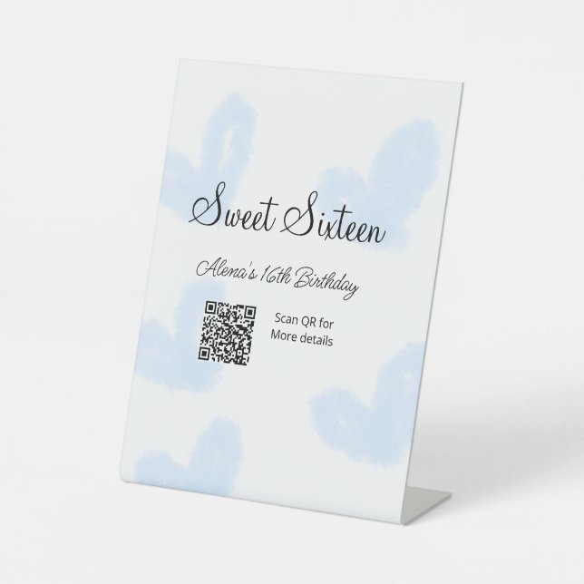 Blue watercolor hearts QR  Sweet sixteen birthday  Pedestal Sign (Front)