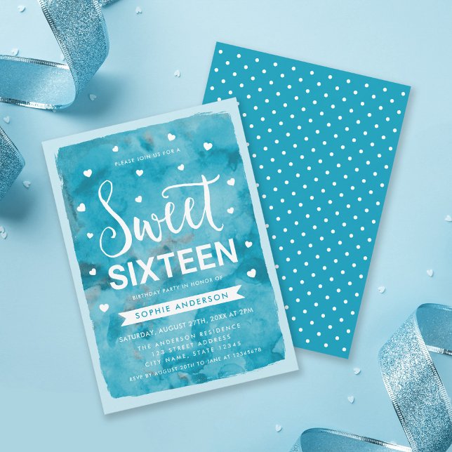 Blue Watercolor Hearts Sweet 16 Birthday Party Invitation (Creator Uploaded)