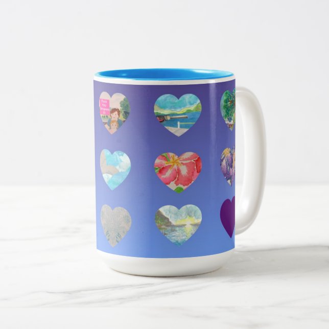 Blue Watercolor Hearts Two-Tone Coffee Mug (Front Right)