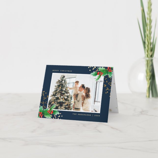 Blue Watercolor Holly Berries Photo Christmas Holiday Card (Front)