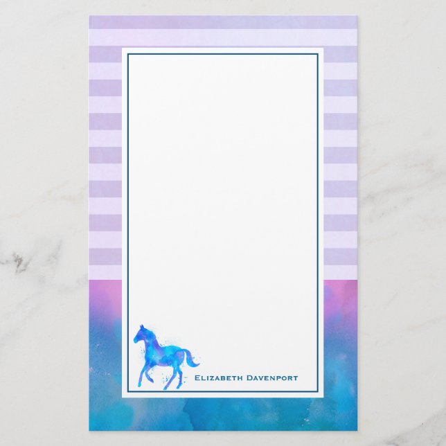 Blue Watercolor Horse on Horizontal Stripes Stationery (Front)