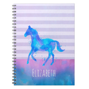 Blue Watercolor Horse Silhouette on Stripes Notebook