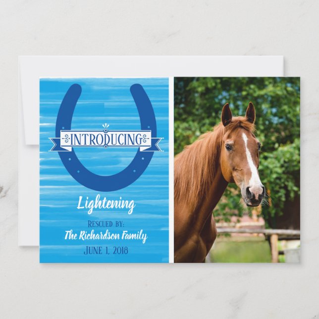 Blue Watercolor Horseshoe Horse Photo Announcement (Front)