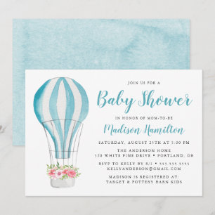 Blue Watercolor Hot Air Balloon Baby Shower Invitation