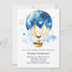 Blue Watercolor Hot Air Balloon Boy Baby Shower Invitation