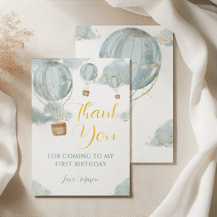 Blue Watercolor Hot Air Balloon Boy Birthday  Thank You Card
