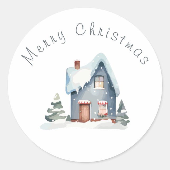 Blue Watercolor House Christmas  Classic Round Sticker (Front)