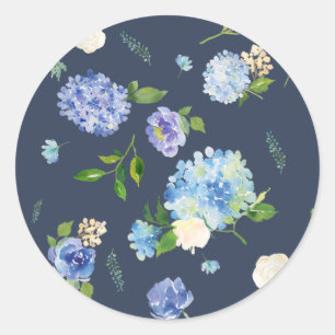 Blue Watercolor Hydrangea and Rose Floral Pattern Classic Round Sticker
