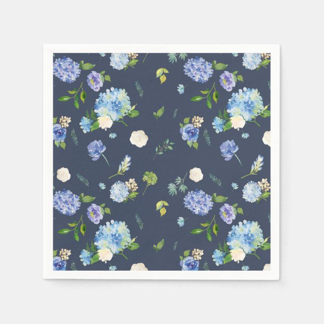 Blue Watercolor Hydrangea and Rose Floral Pattern Napkin (Front)