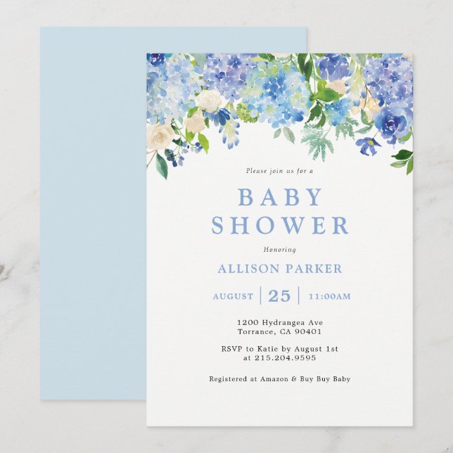 Blue Watercolor hydrangea Baby Shower Invitation (Front/Back)