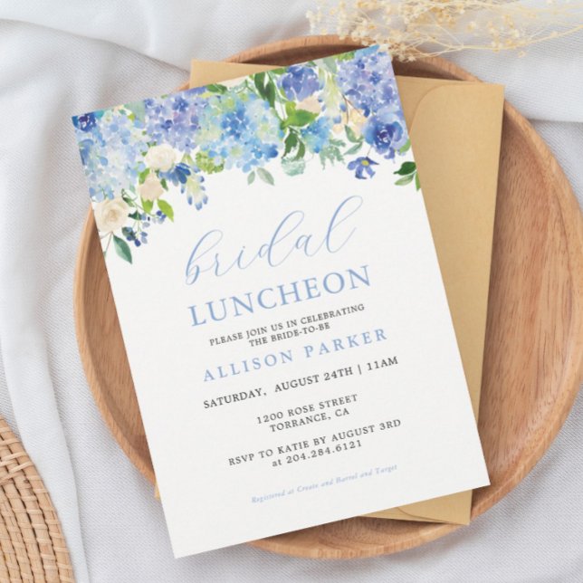 Blue Watercolor Hydrangea Floral Bridal Luncheon Invitation (Creator Uploaded)