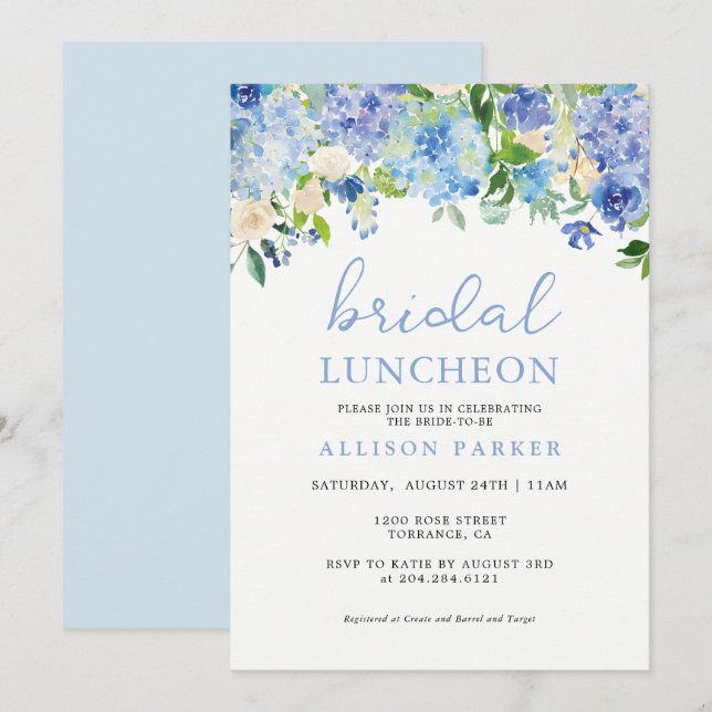 Blue Watercolor Hydrangea Floral Bridal Luncheon Invitation (Front/Back)
